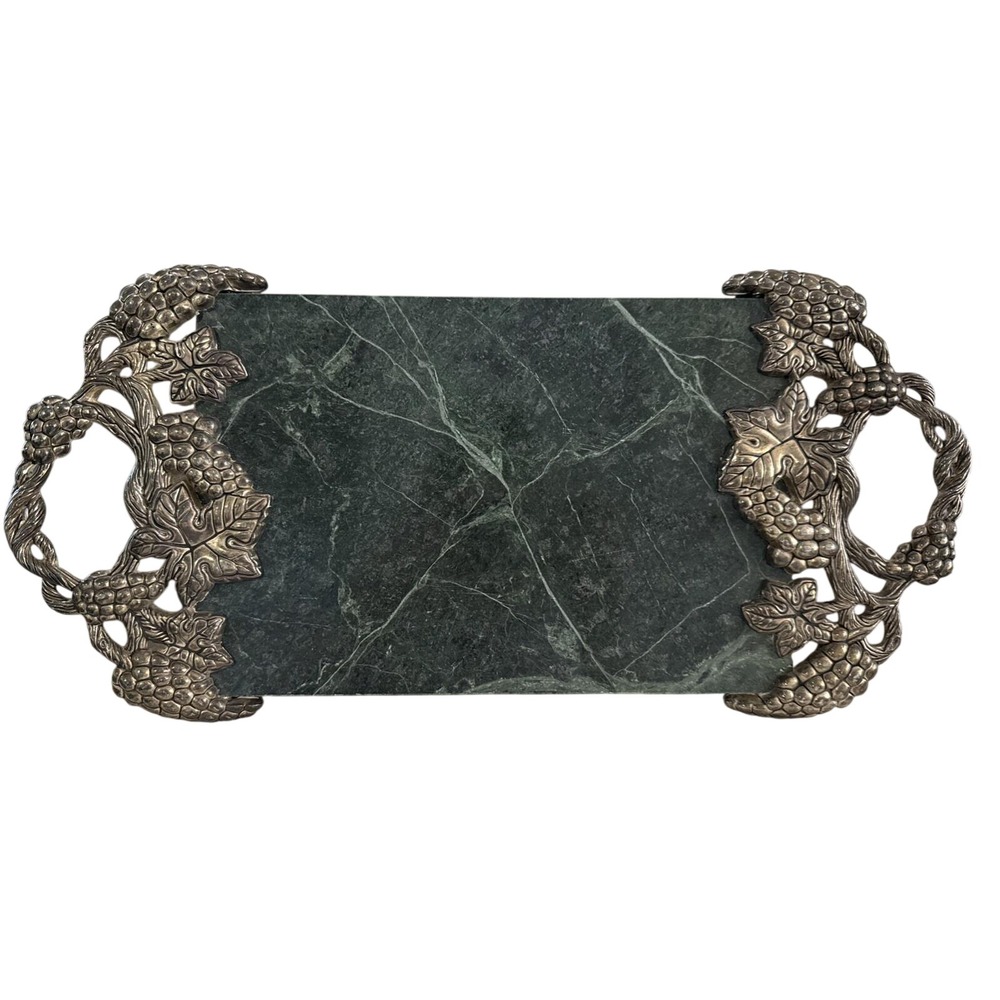 VTG Grapevine Godinger Silver Art Co Green Marble Cheese Charcuterie Board‎ 18"